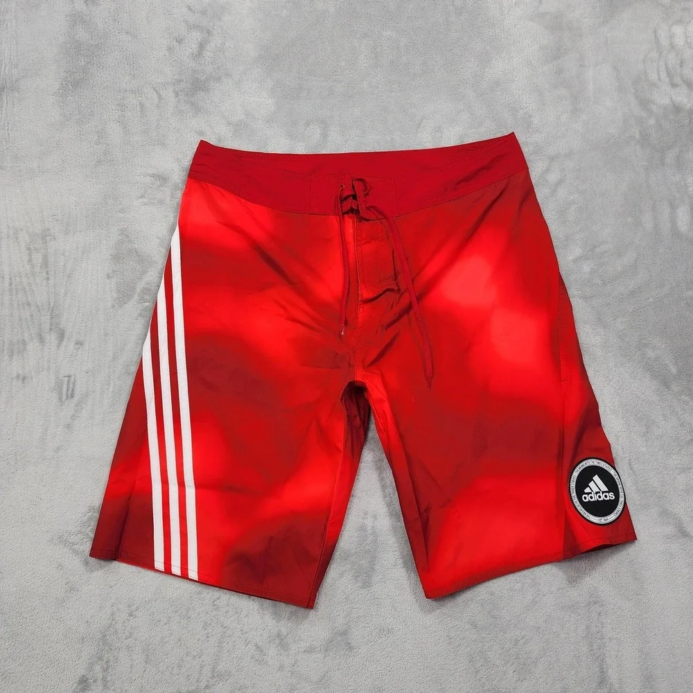 Adidas Board Shorts Mens 34 Red Black Melbourne Graphic 3-Stripe Swim Surf Beach